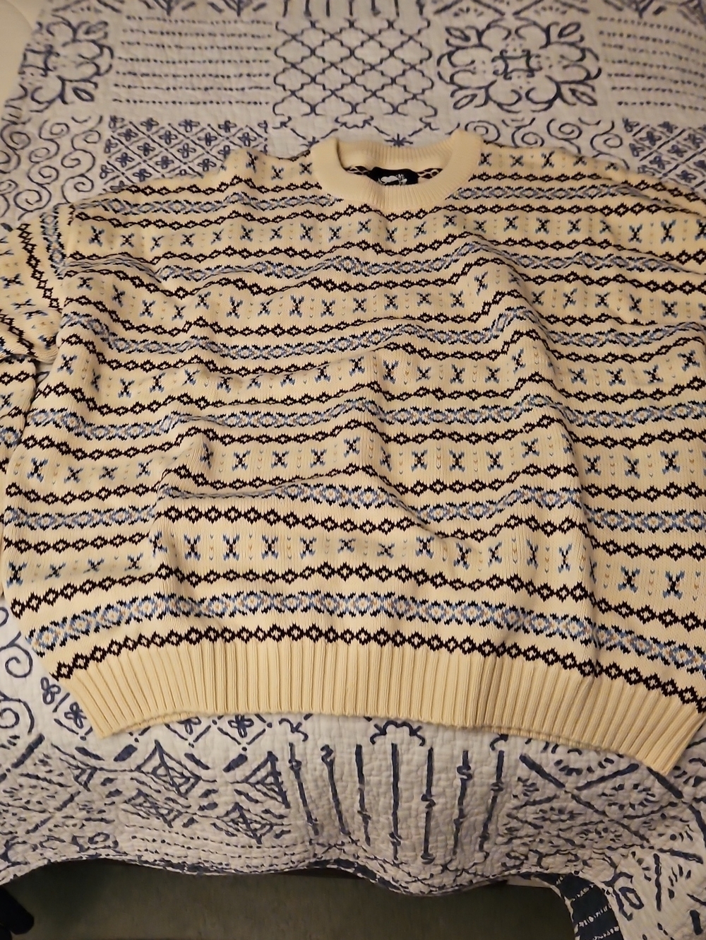 Roots Cream Crewneck Sweater with Navy & Brown Fair Isle